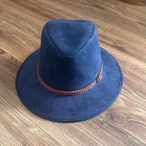 Navy Vegan Suede Wide Brim Fedora with Braided Brown Band